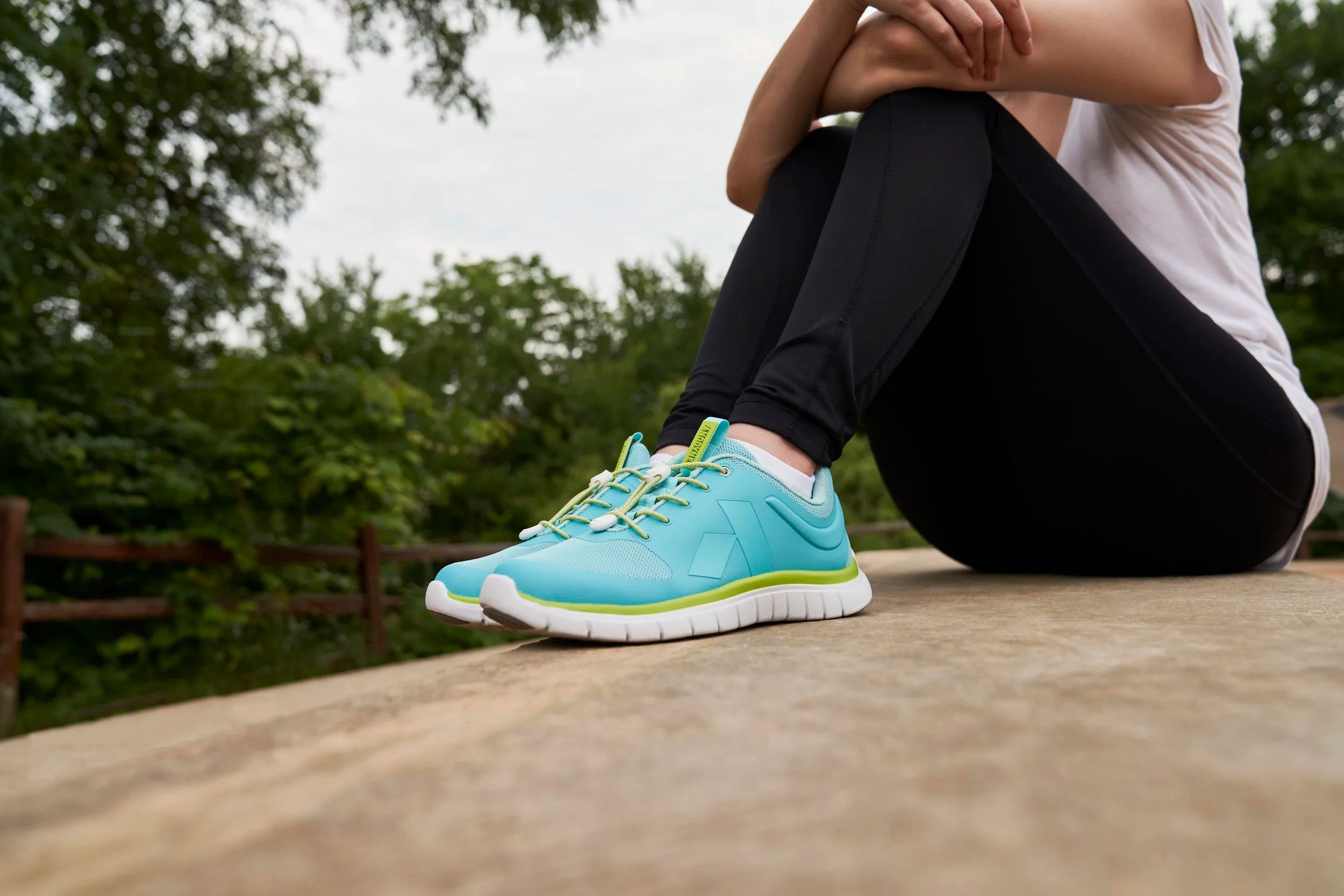 Diabetic athletic shoes worn on a trail