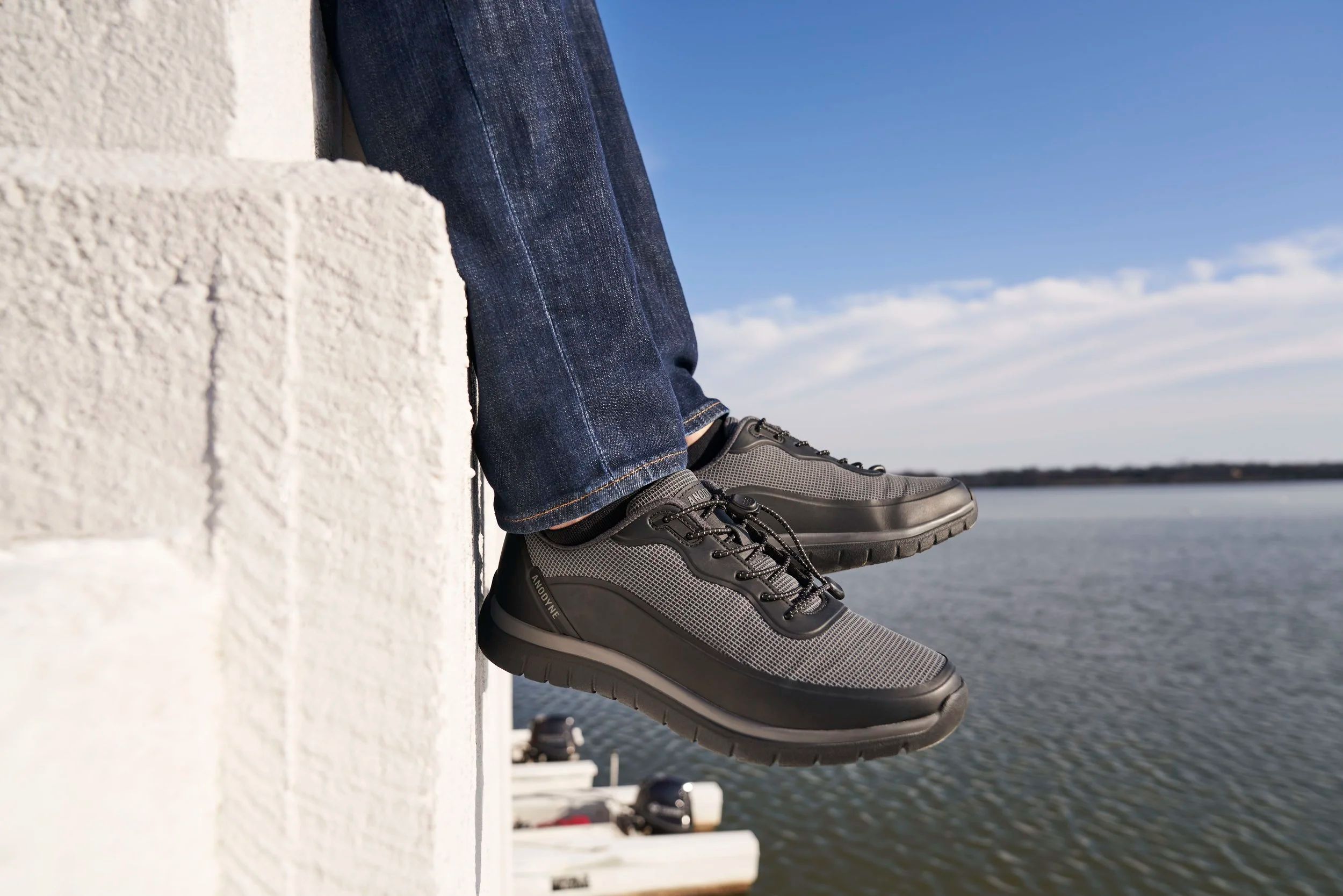 Diabetic walking shoes worn outdoors